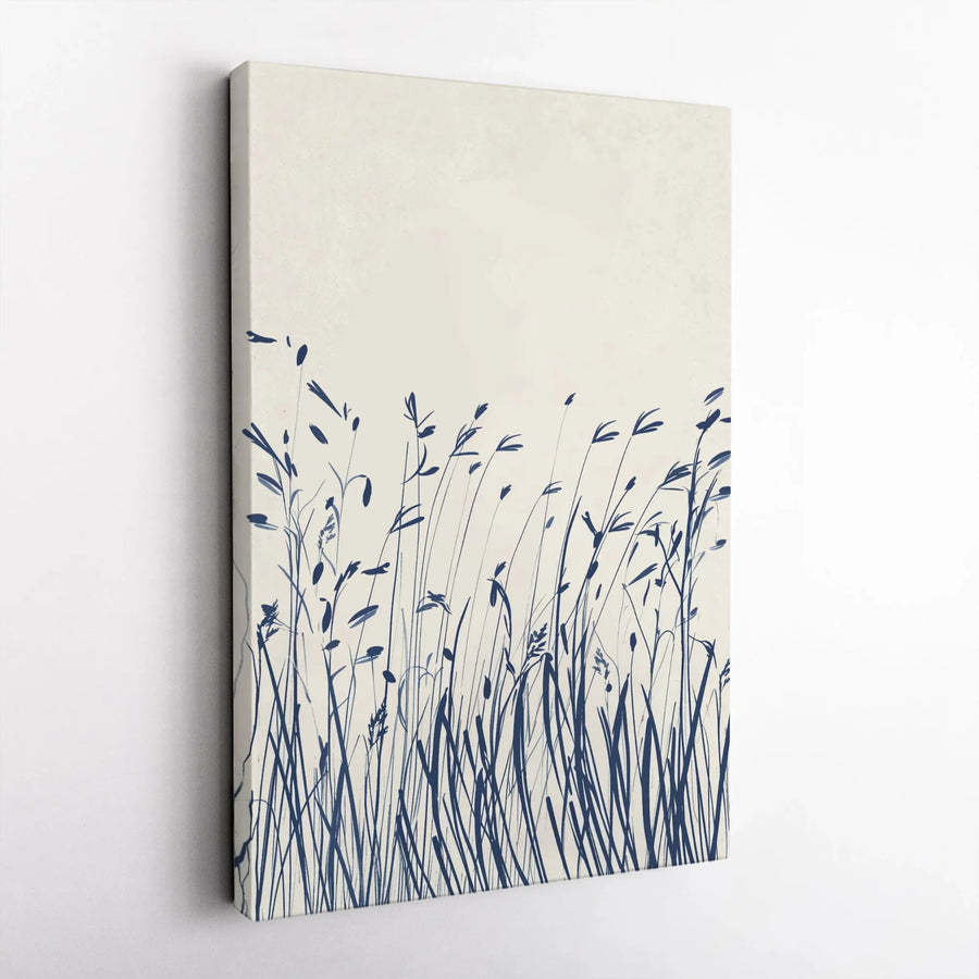 Minimalist Wild Grass Vertical Canvas | Indigo Blue Botanical Sketch | Premium 1.25" Thick Gallery Wrap | Modern Farmhouse Home Decor Gift