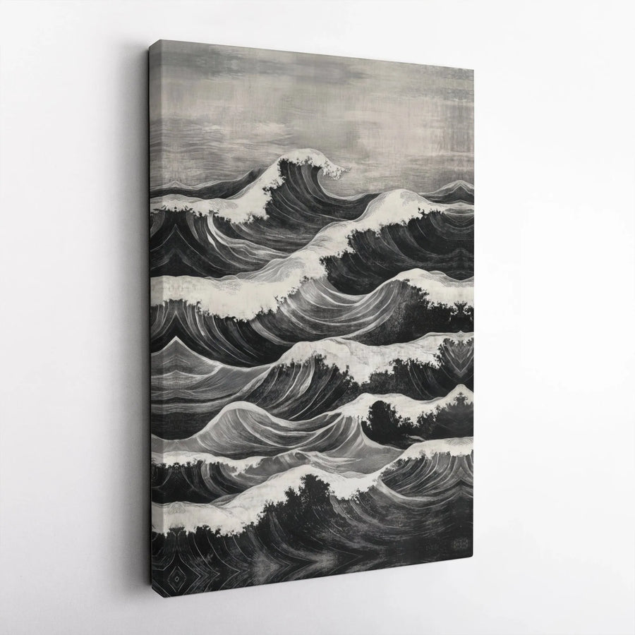 Japanese Wave Canvas Wall Art | Monochrome Ukiyo-e Style Seascape | Premium Gallery Wrapped Canvas | Minimalist Coastal Home Decor Gift