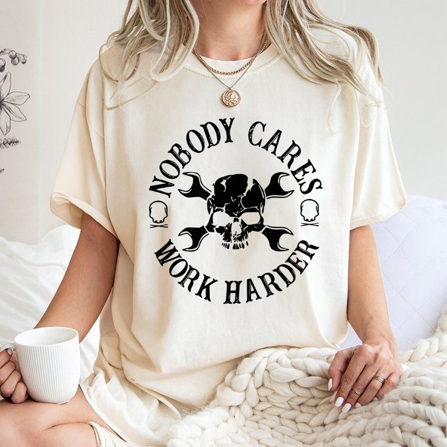 Nobody Cares Work Harder T-Shirt | Skull And Wrench Mechanic Graphic | 100% Cotton Premium Tee | Motivational Fitness Gift For Men