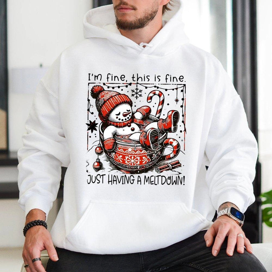 Funny Snowman Meltdown Hoodie | I'm Fine This Is Fine Christmas Graphic | Premium Cotton Blend | Humorous Winter Gift for Women and Men