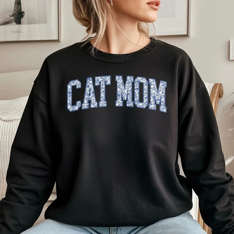Cat Mom Sweatshirt | Blue Floral Aesthetic Lettering | Soft Cotton Blend Crewneck | Cute Gift for Cat Lovers & Pet Owners