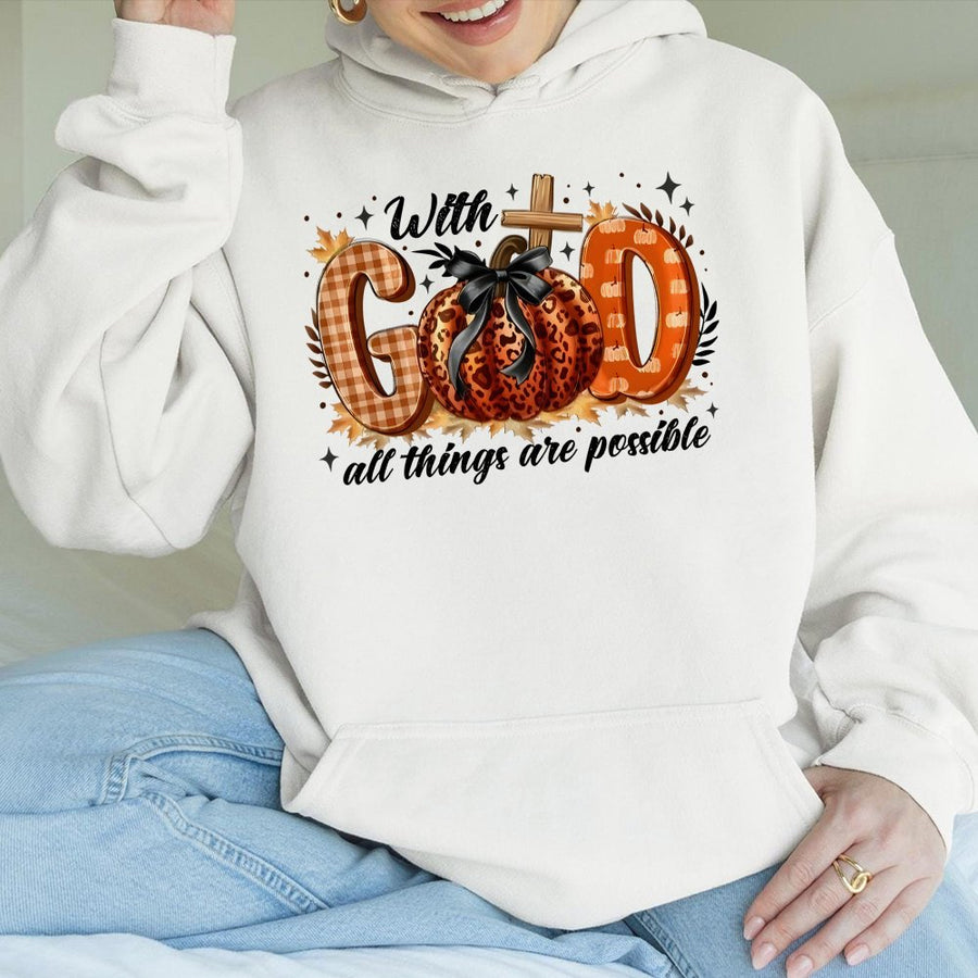 With God All Things Are Possible Hoodie | Fall Pumpkin Christian Faith Graphic | Premium Cotton Blend | Gift For Women And Men