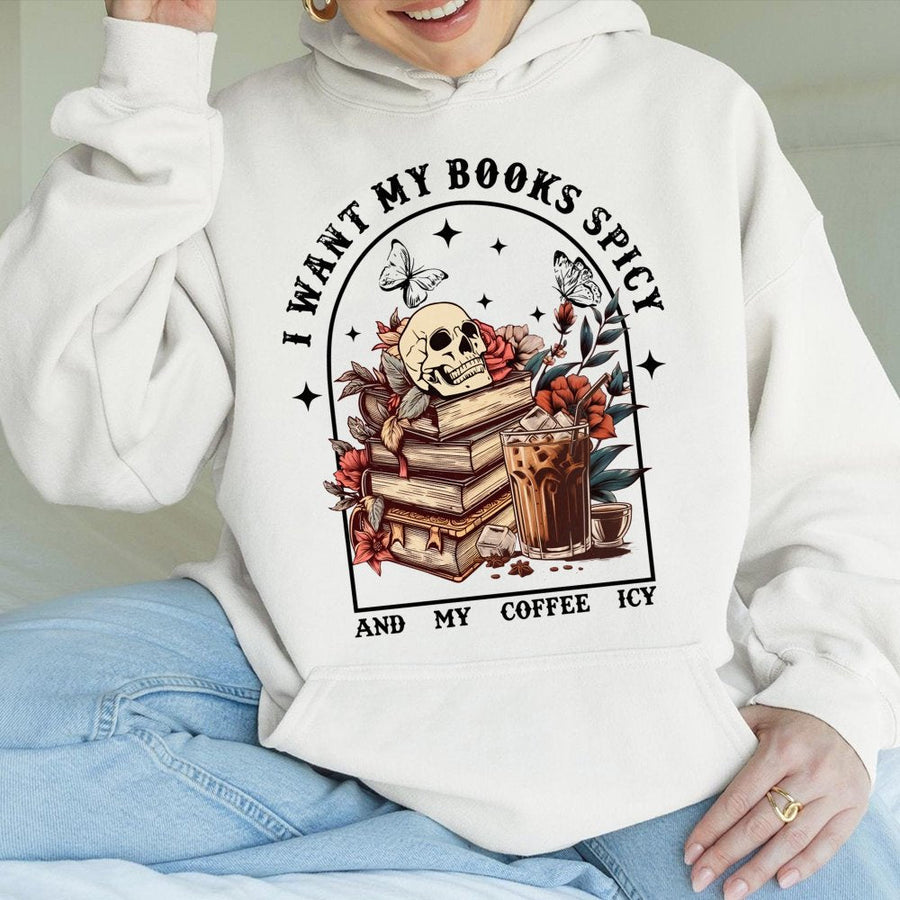 Spicy Book Lover Hoodie | Skeleton Reading Graphic Design | Premium Cotton Blend | Gift for Readers and Iced Coffee Addicts