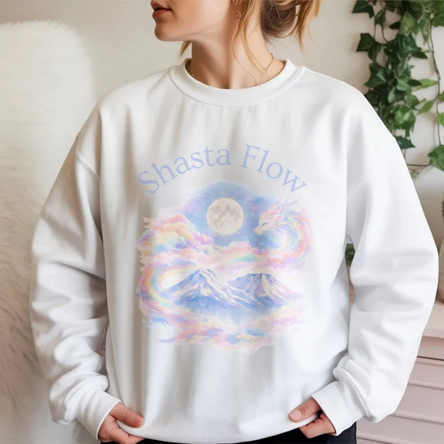 Shasta Flow Mountain Sweatshirt | Pastel Fantasy Dragon Art | Cotton Blend Premium Crewneck | Spiritual Nature Lover Gift