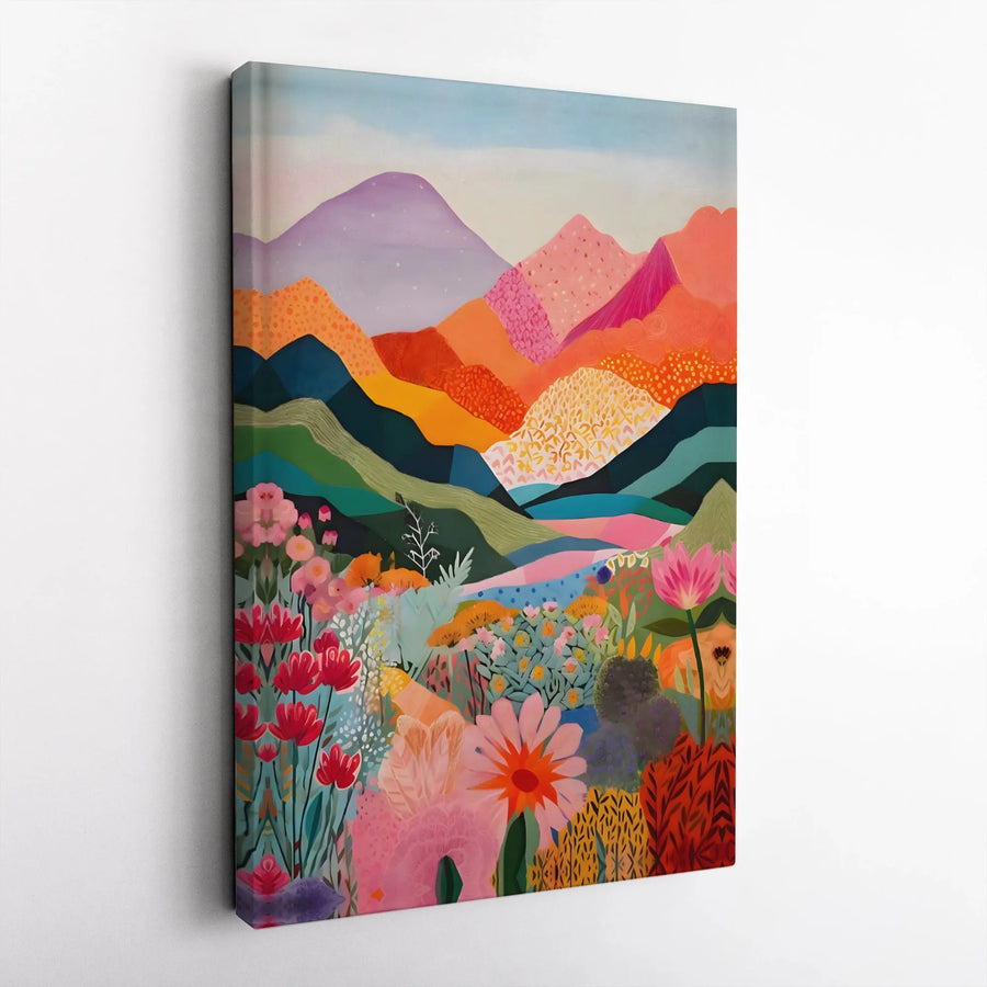 Colorful Mountain Landscape Canvas | Boho Wildflower Wall Art | Premium Gallery-Wrapped Print | Vibrant Nature Decor for Living Room