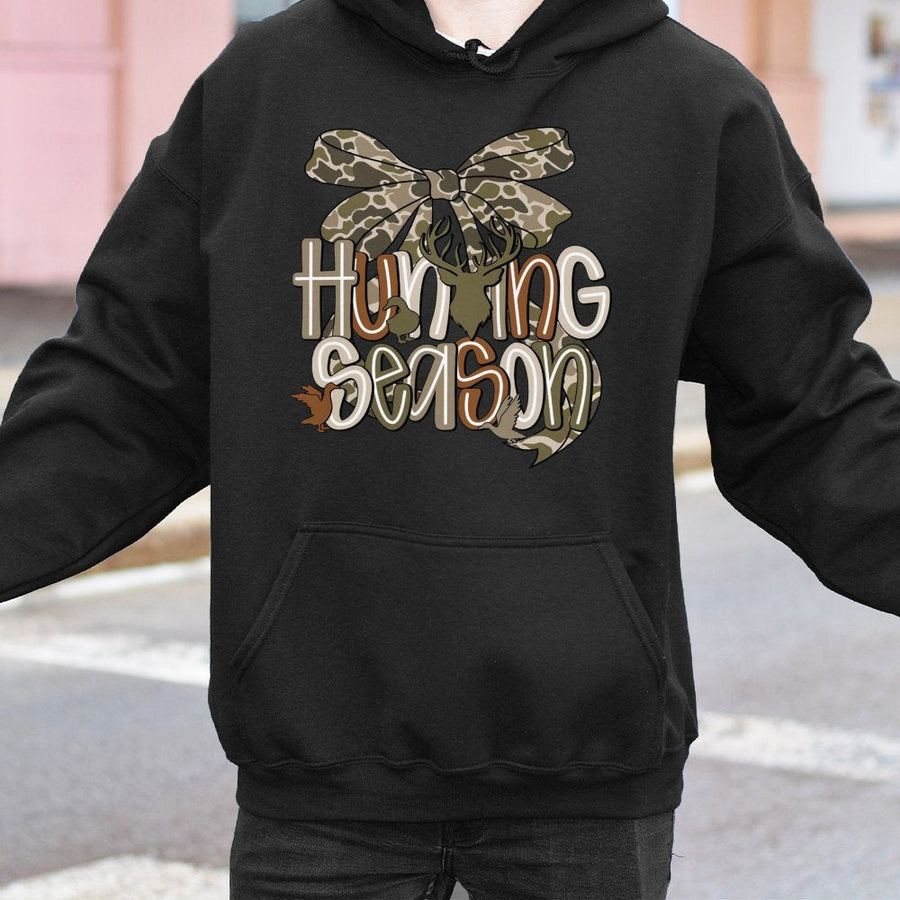 Hunting Season Hoodie | Camo Bow Graphic Deer & Duck Design | Premium Cotton-Polyester Blend | Trendy Outdoor Gift for Women & Teens