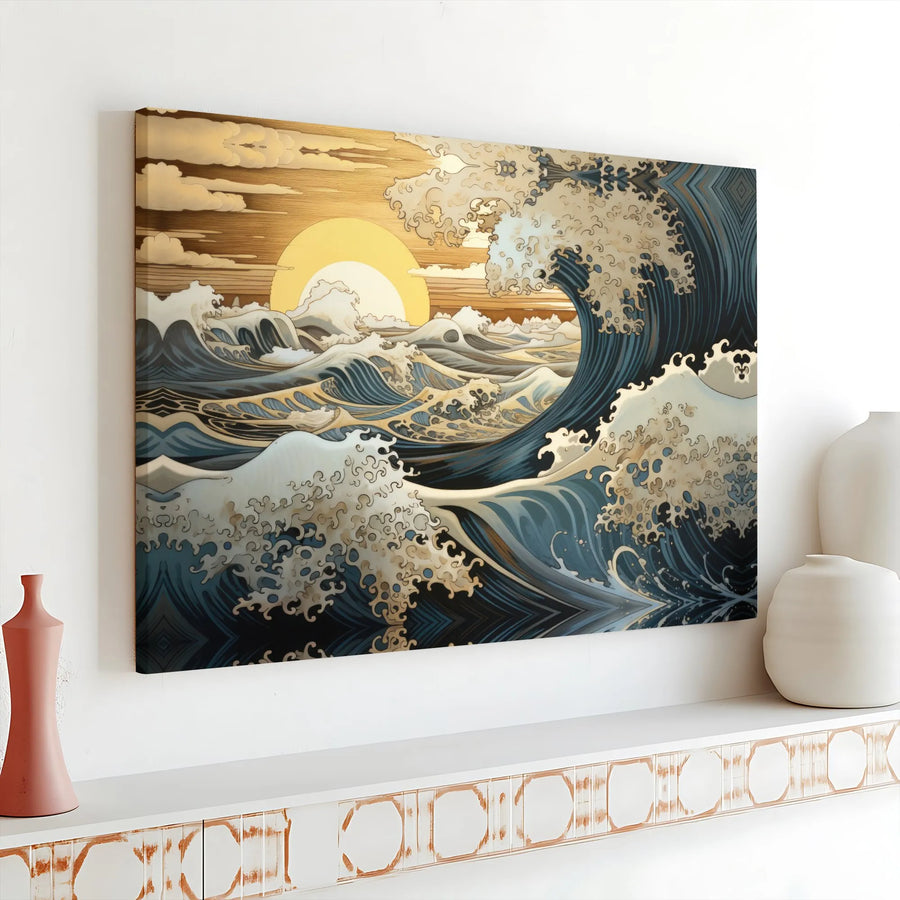 Japanese Great Wave Canvas Wall Art | Golden Sunset Ukiyo-E Inspired Design | Premium 1.25 Inch Gallery Wrap | Elegant Home & Office Decor