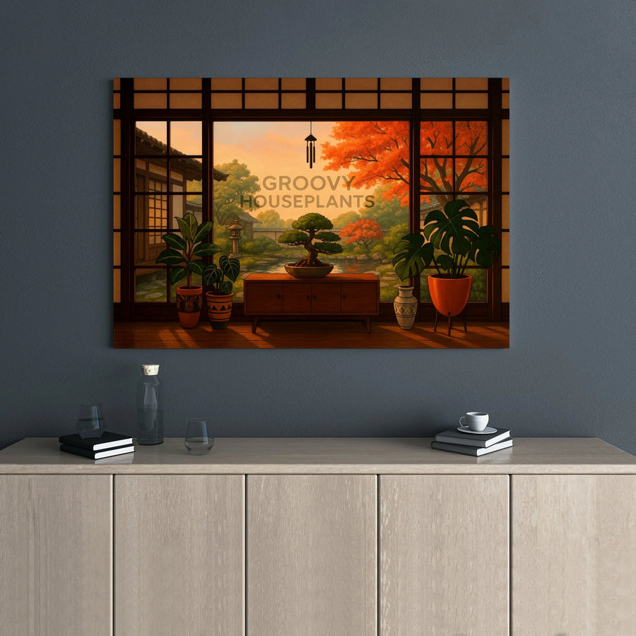Japanese Garden Canvas Wall Art | Bonsai and Monstera Plant View | Premium Gallery Wrap Decor | Zen Interior Gift for Nature Lovers