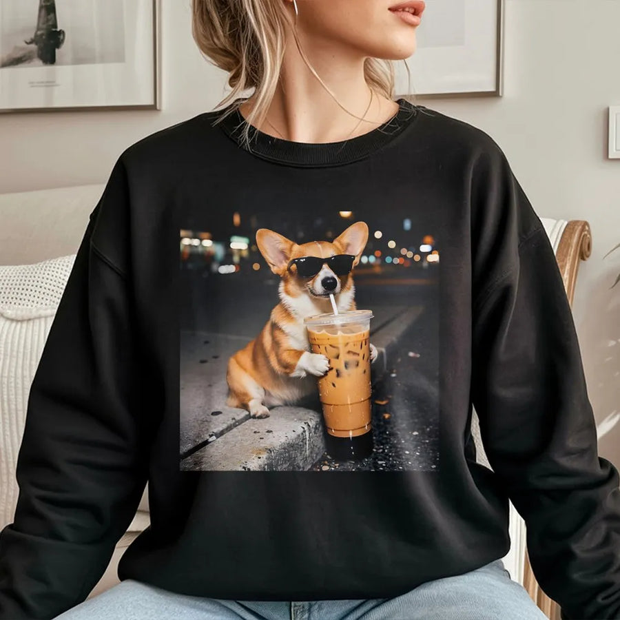 Funny Corgi Sweatshirt | Dog with Sunglasses Drinking Iced Coffee | Soft Cotton Blend | Gift for Dog Lover & Corgi Mom