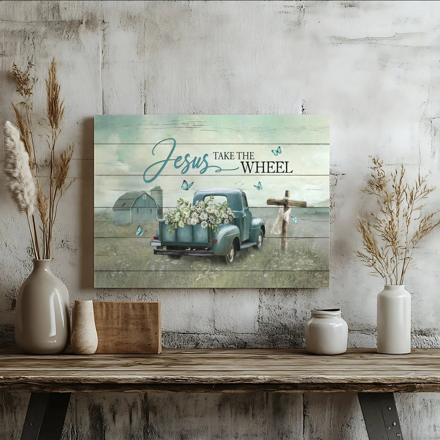 Jesus Take The Wheel Canvas Wall Art | Vintage Farmhouse Truck with Daisies and Cross | Premium 1.25-inch Gallery Wrap | Inspirational Christian Home Decor Gift