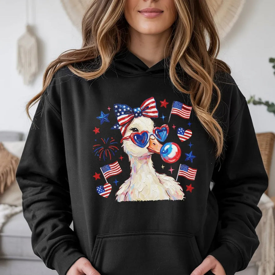 Patriotic Duck Hoodie | Cute Coquette Americana Graphic | Soft Cotton Blend | 4th of July Party Gift for Her