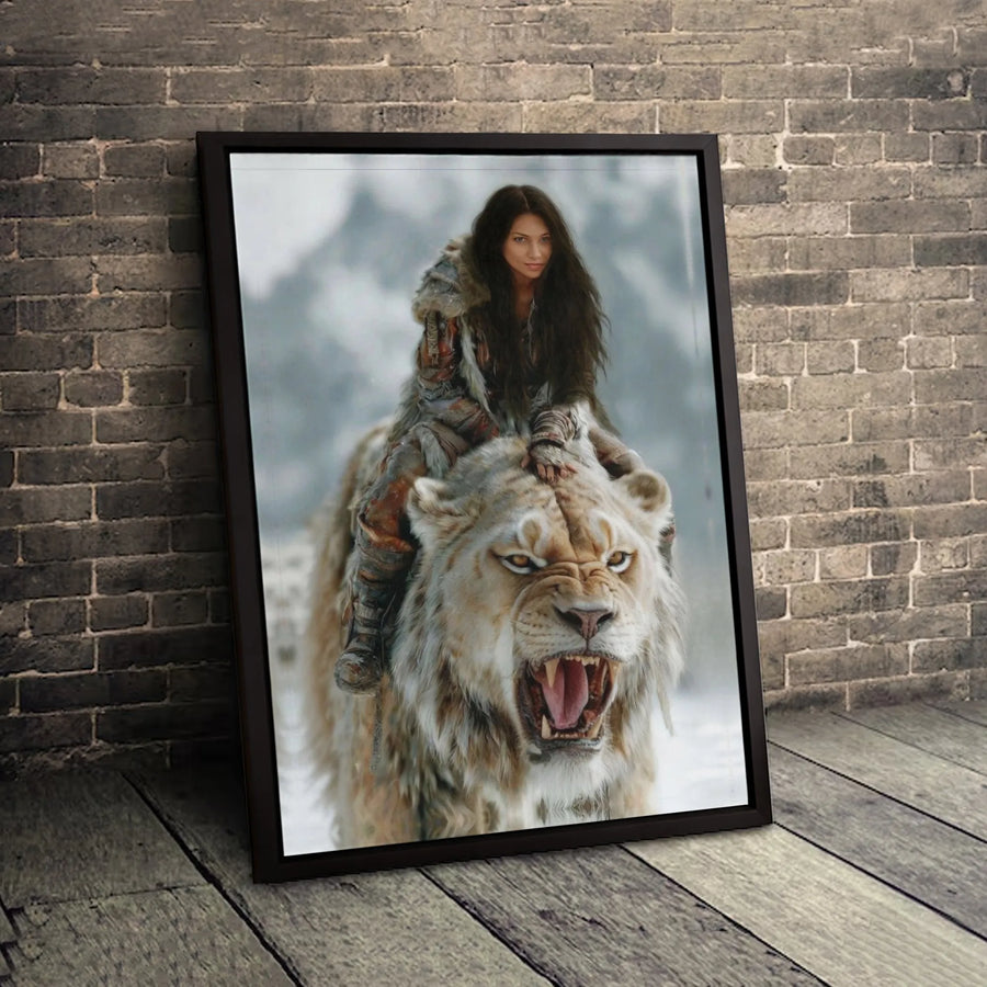 Fantasy Warrior Woman Riding Lion Canvas Print | Snow Mountain Guardian Illustration | Premium 1.25-Inch Gallery Wrap | Mythical Home Office Decor Gift