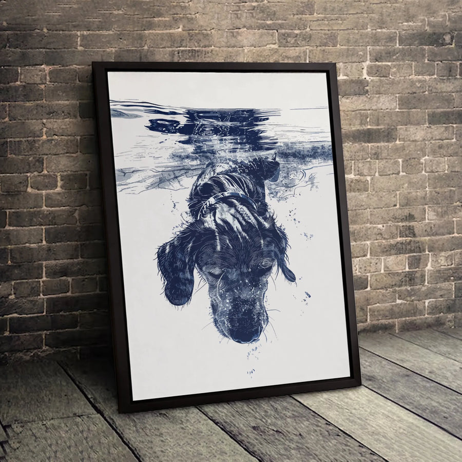 Dog Swimming Underwater Wall Art | Blue Sketch Style Illustration | Premium 1.25 Inch Canvas | Gift For Dog Lovers And Modern Home Decor