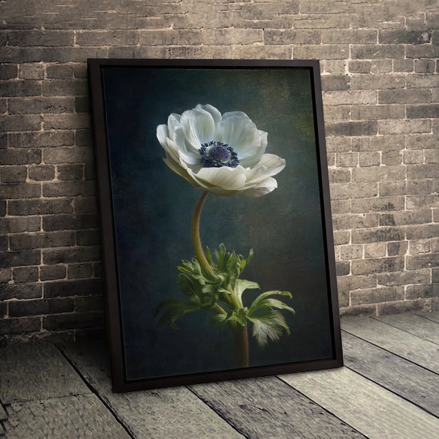 White Anemone Flower Wall Art | Dark Moody Botanical Still Life | Premium Gallery Canvas Print | Elegant Minimalist Home Decor Gift