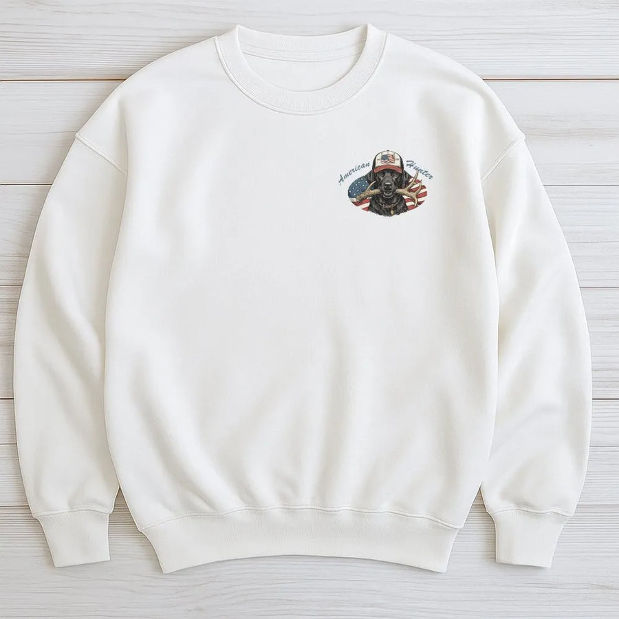 Patriotic Black Lab Sweatshirt | American Flag Hunting Dog with Antler | Premium Cotton-Blend | Gift for Hunter and Dog Lover