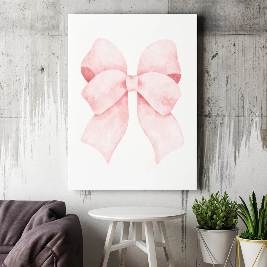 Pink Bow Wall Art | Watercolor Minimalist Aesthetic Print | Premium Gallery Wrap Canvas | Nursery Decor for Girls Bedroom