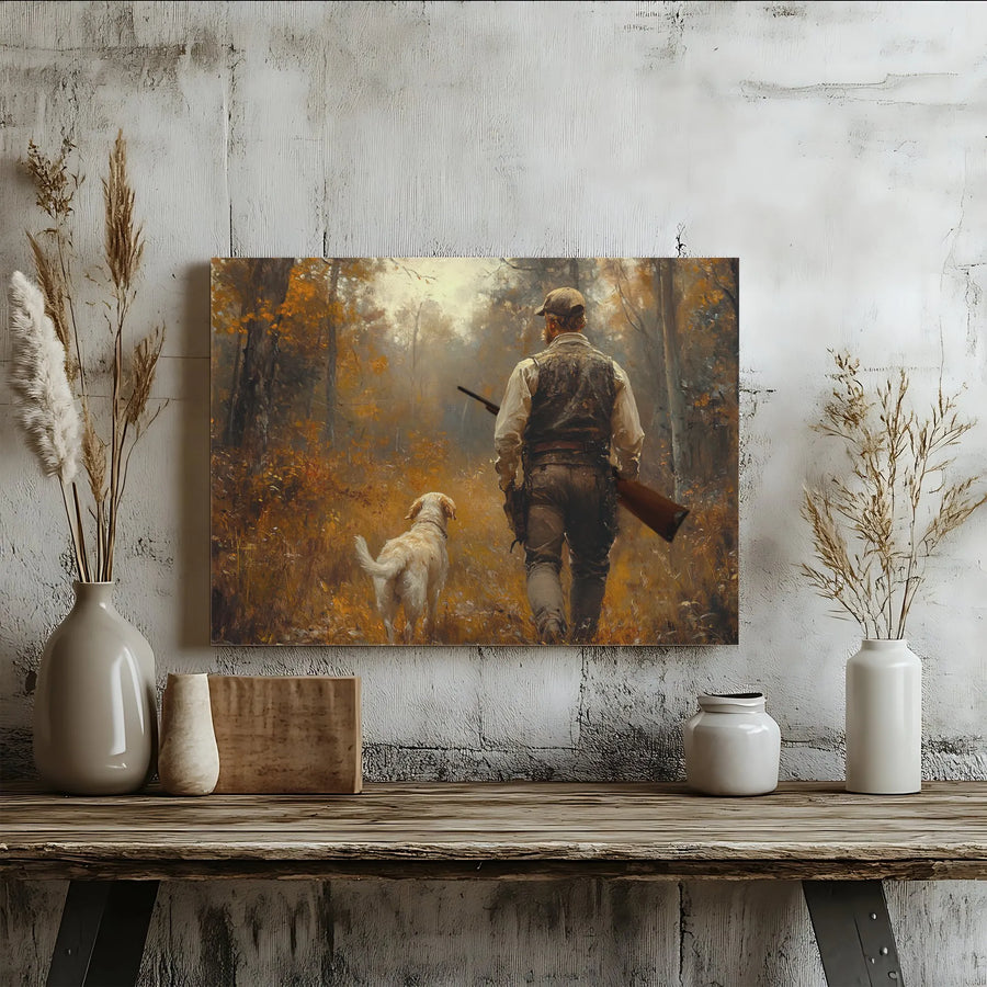 Hunter and Labrador Dog Canvas | Autumn Forest Landscape Art | Premium Gallery-Wrapped Print | Gift for Outdoorsmen and Hunters