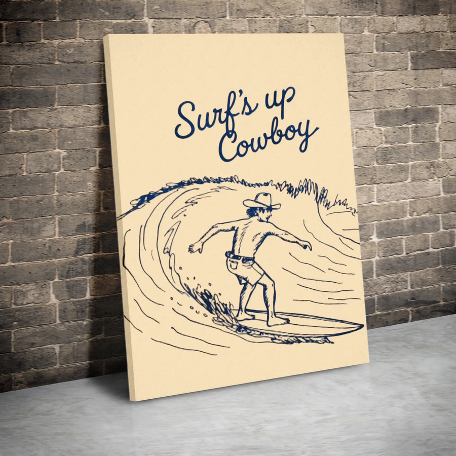 Surf's Up Cowboy Canvas Print | Minimalist Line Art Illustration | Premium Thick Gallery Wrap | Coastal Wall Art Gift for Surfer