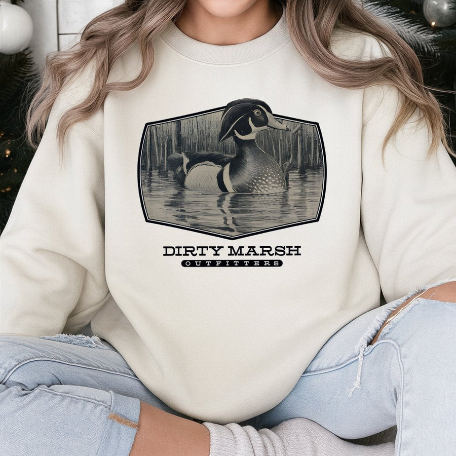 Wood Duck Sweatshirt | Dirty Marsh Wildlife Art Graphic | Premium Cotton Blend Crewneck | Gift for Hunters and Nature Lovers