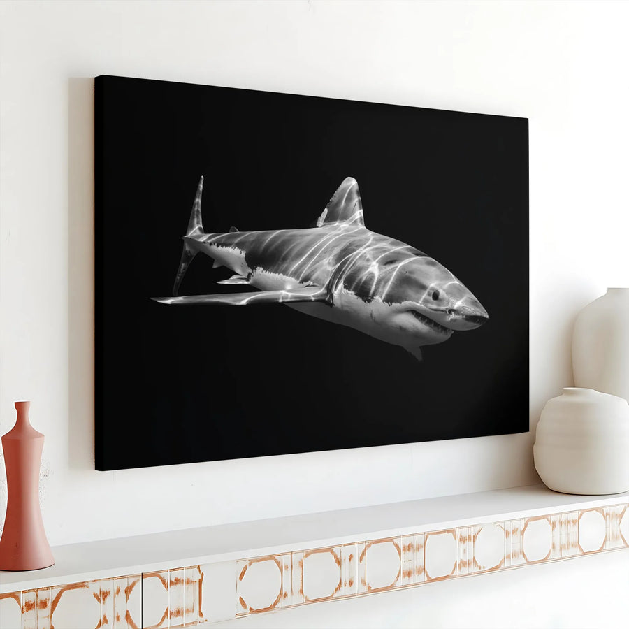 Great White Shark Canvas Wall Art | Black and White Photography Print | Premium Gallery Wrap | Modern Home & Office Decor Gift