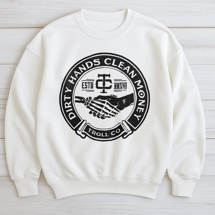 Dirty Hands Clean Money Sweatshirt | Skeleton Handshake Graphic | Premium Cotton Blend | Gift For Skilled Tradesman Blue Collar Worker