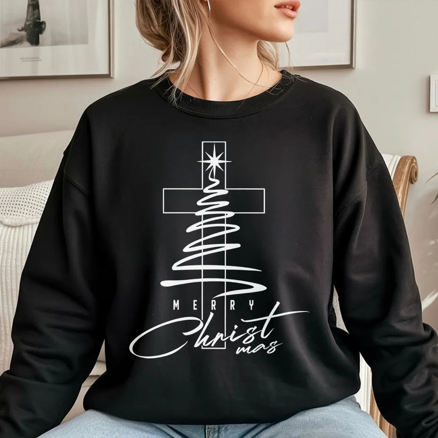 Christian Christmas Sweatshirt | Minimalist Cross Tree Design | Premium Cotton Blend Fleece | Religious Holiday Gift for Faith Lovers