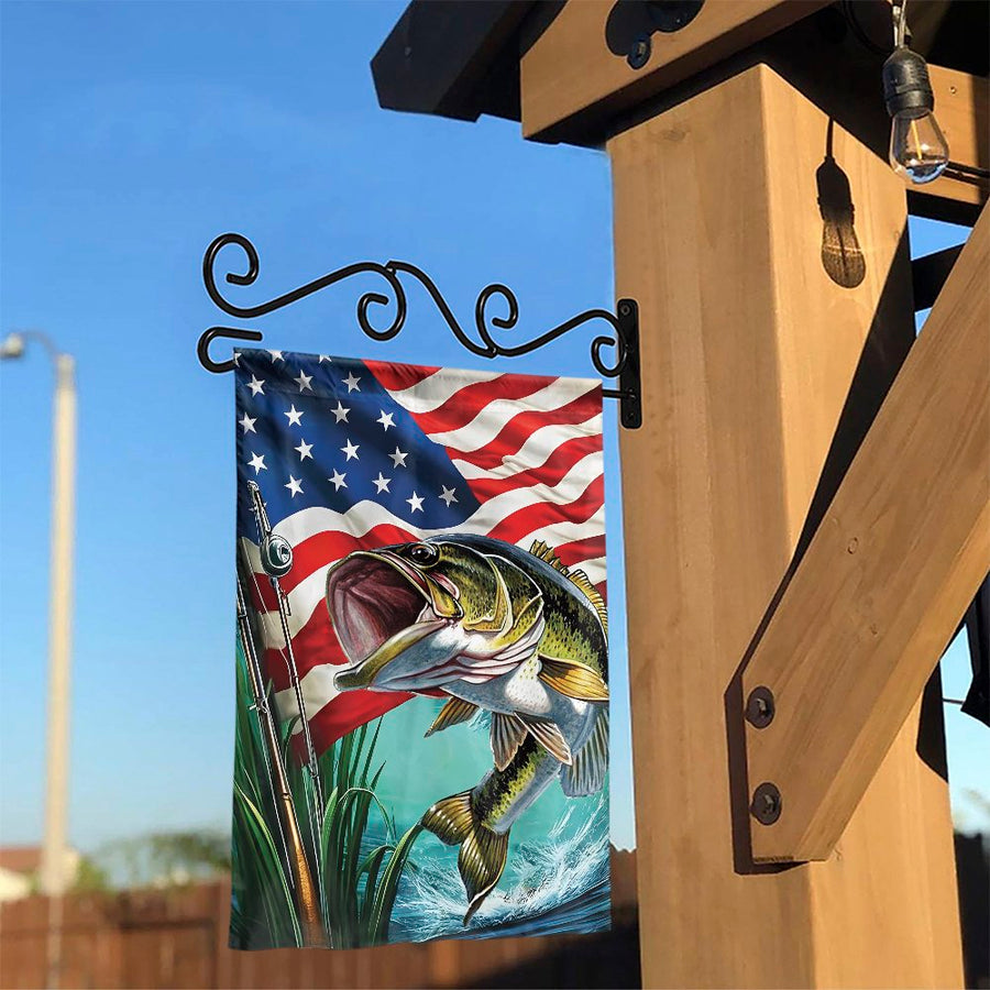 Bass Fishing Garden Flag | American Flag Outdoor Decor | Durable Polyester Two-Layer Fabric | Patriotic Gift for Fisherman Dad
