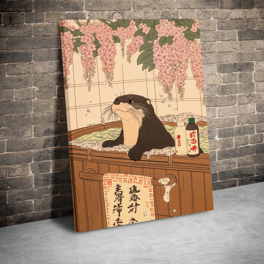 Otter Art Japanese Ukiyo-e Canvas Print | Onsen Bath & Wisteria Floral Design | Premium Gallery Wrap Wall Decor | Unique Animal Lover Gift