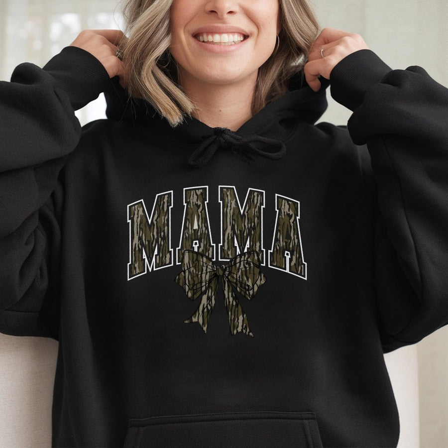 Camo Mama Hoodie | Varsity Letter Print with Coquette Bow | Cotton-Blend Premium Quality | Trendy Mother's Day 2026 Gift for Outdoor Loving Moms