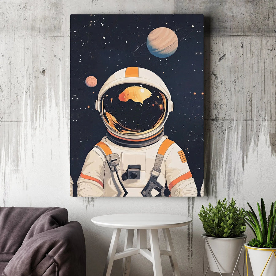 Astronaut Space Wall Art | Retro Cosmic Planet Reflection | Premium Gallery Wrapped Canvas | Modern Home Decor Gift For Space Lovers