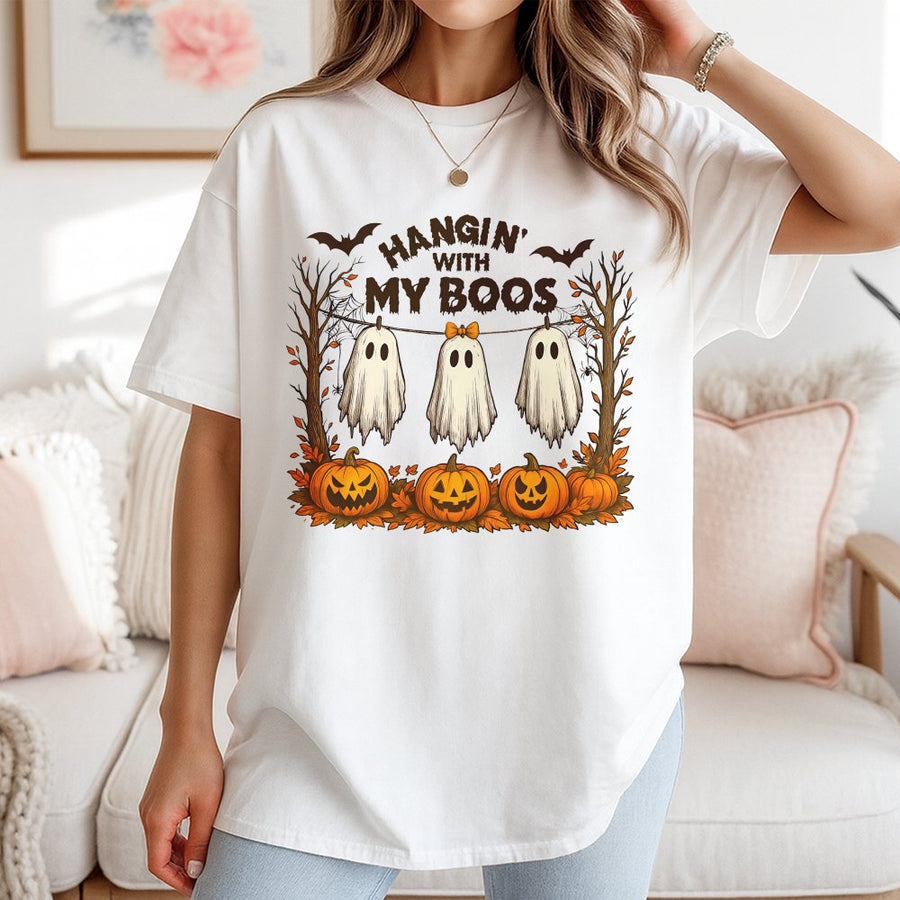 Hangin With My Boos T-Shirt | Funny Ghost And Pumpkin Graphic | Premium 100% Cotton | Cute Halloween Gift For Women And Men