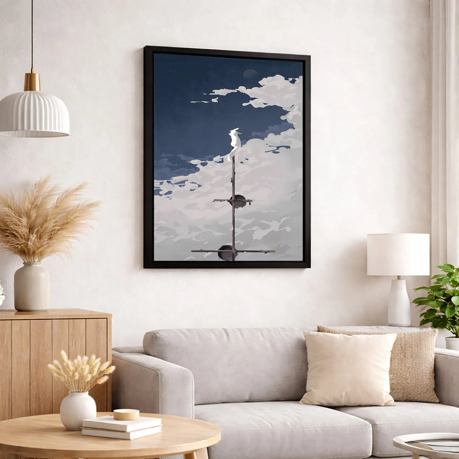 Surreal White Rabbit Canvas Wall Art | Whimsical Clouds Sky Print | 1.25 Inch Gallery Wrap | Dreamy Home Decor Gift for Surrealist Art Lovers