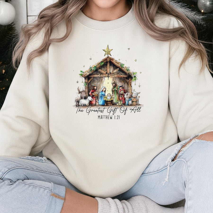 Nativity Scene Sweatshirt | The Greatest Gift Of All Christian Christmas Apparel | Premium Cotton Blend | Religious Holiday Gift For Men & Women
