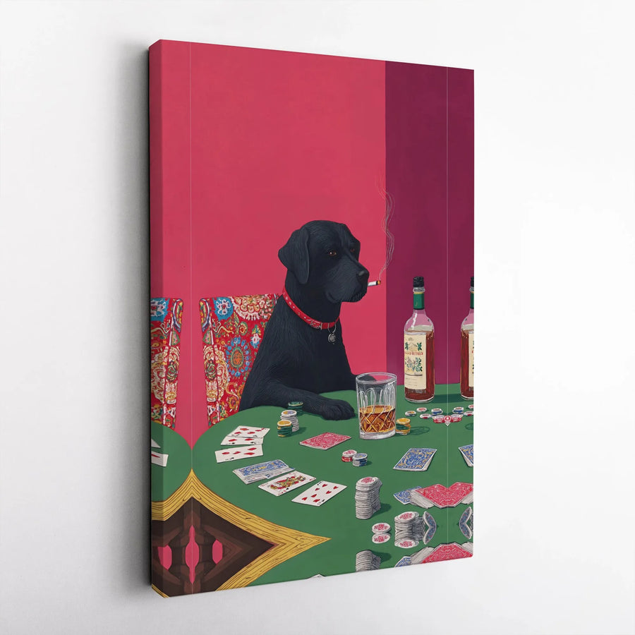 Black Labrador Playing Poker Canvas Art | Funny Smoking Dog with Whiskey Print | Premium Gallery Wrapped Canvas | Gift for Him, Bar & Man Cave Decor