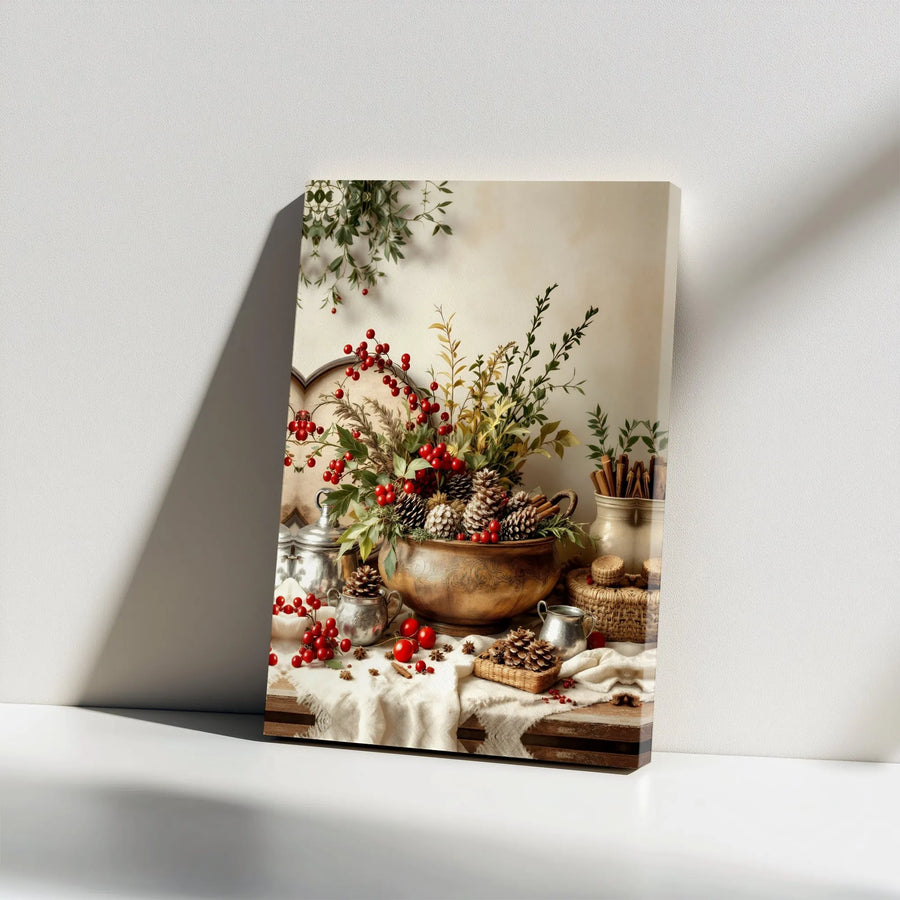 Rustic Christmas Wall Art | Winter Pine Cone and Berry Still Life | Premium Gallery Wrap Canvas | Festive Farmhouse Holiday Home Decor