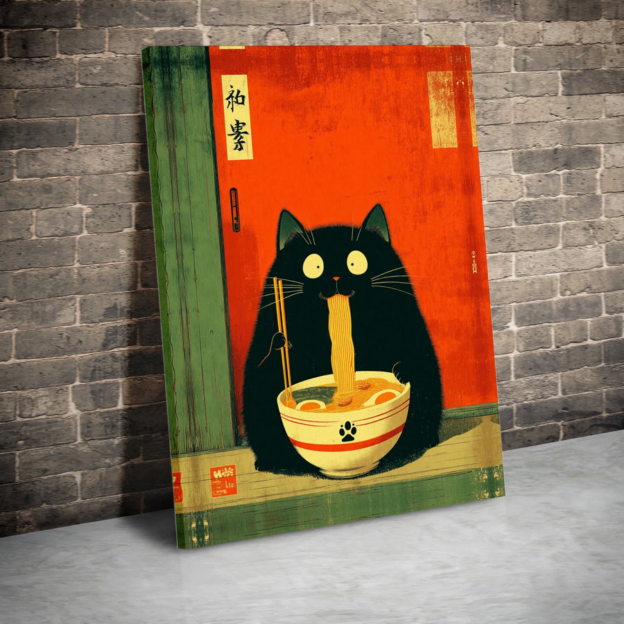 Ramen Cat Canvas Wall Art | Vintage Japanese Ukiyo-e Print of Black Cat Eating Noodles | Premium Gallery Canvas | Quirky Kitchen Decor Gift for Foodie