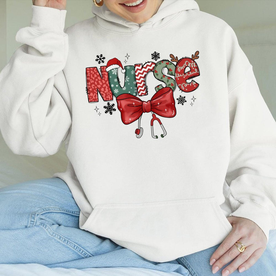 Christmas Nurse Hoodie | Festive Stethoscope & Bow Graphic | Premium Cotton Blend | Holiday Nursing Student Gift for Women & Men