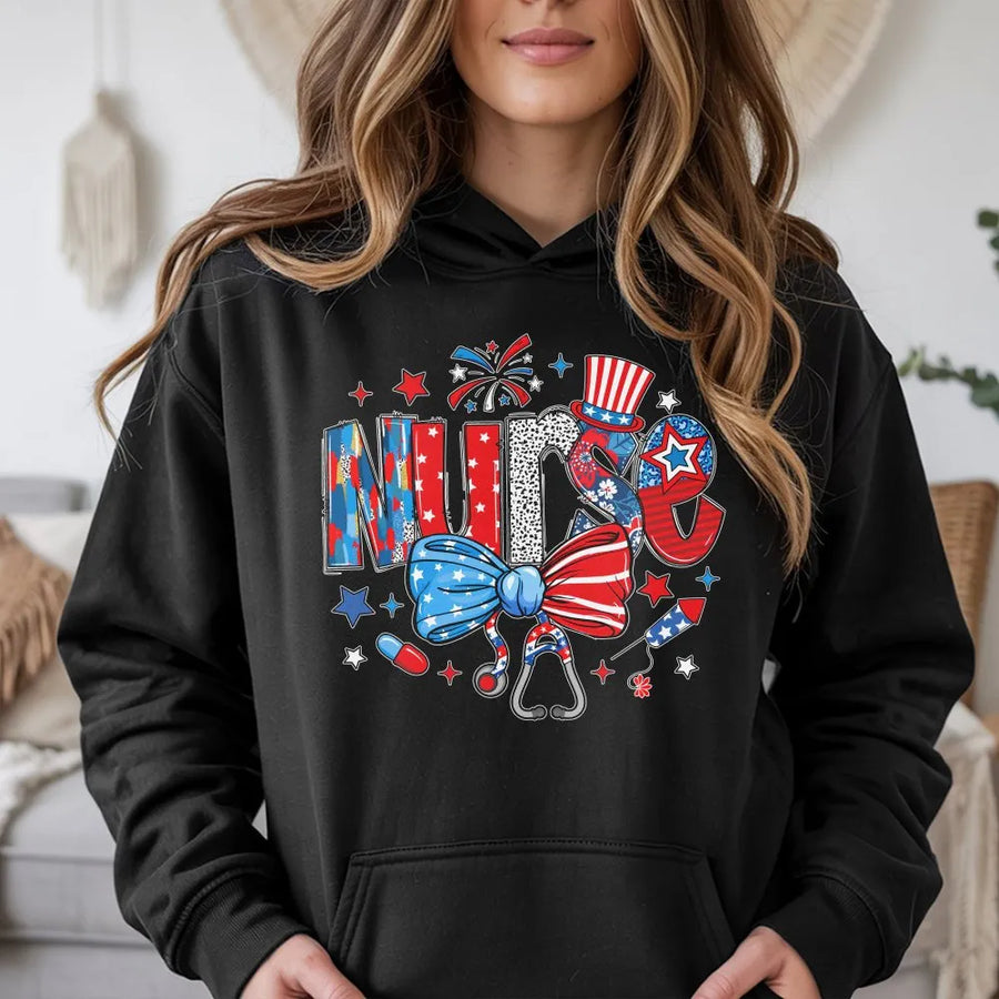 Patriotic Nurse Hoodie | Coquette American Flag Design with Stethoscope Bow | Soft Cotton Blend | 4th of July Gift for ER, ICU, LPN Nurses