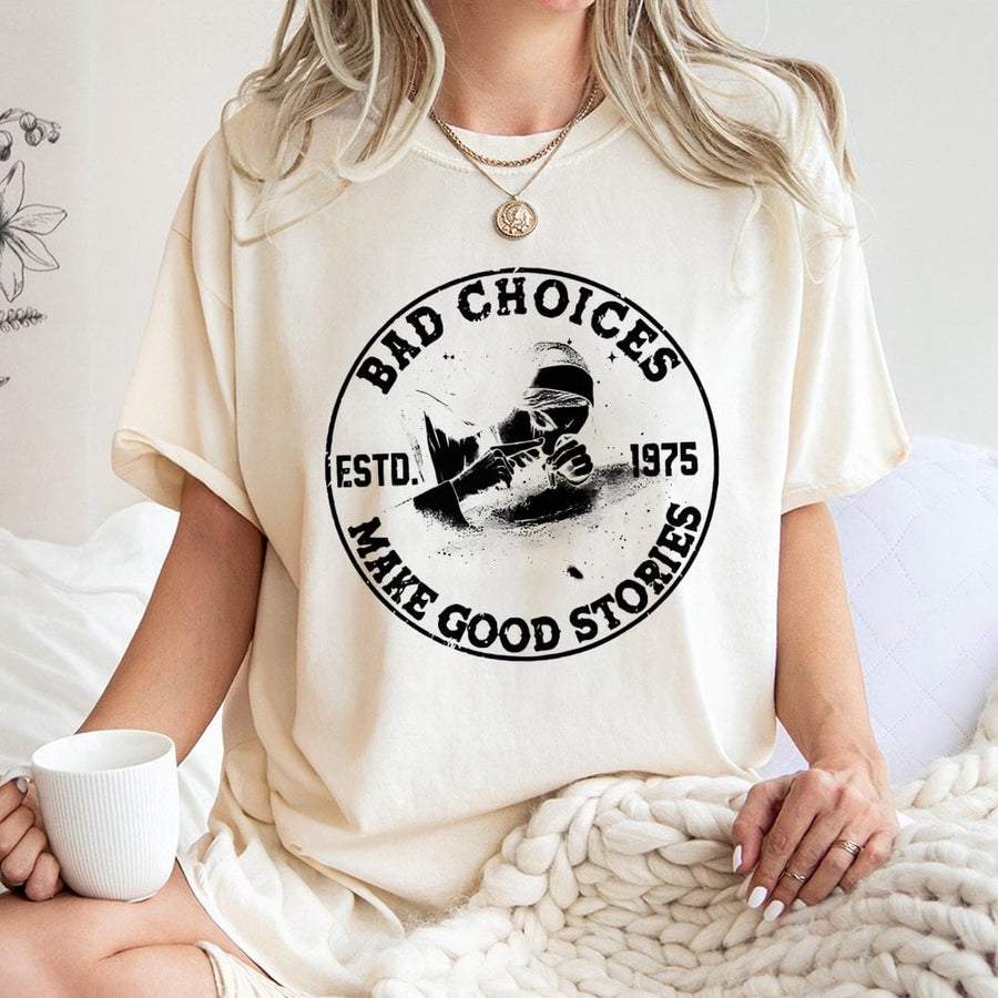 Bad Choices Make Good Stories T-Shirt | Edgy Smoking Nun Graphic Tee | Premium 100% Cotton Apparel | Funny Sarcastic Gift for Men and Women