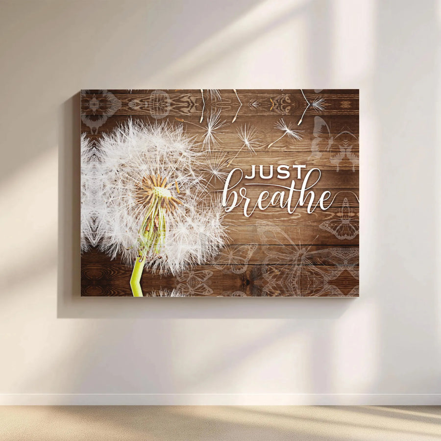 Inspirational Just Breathe Canvas Wall Art | Rustic Dandelion Print on Wood Background | Premium Gallery Wrap Canvas | Mindfulness Decor Gift for Home