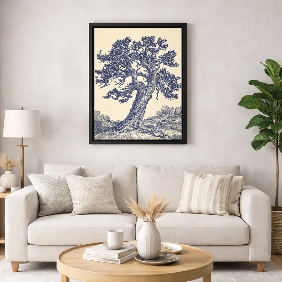 Gnarled Tree Canvas Wall Art | Blue And Cream Linocut Print | Gallery-Quality 1.25 Inch Profile | Nature Inspired Decor For Home And Office