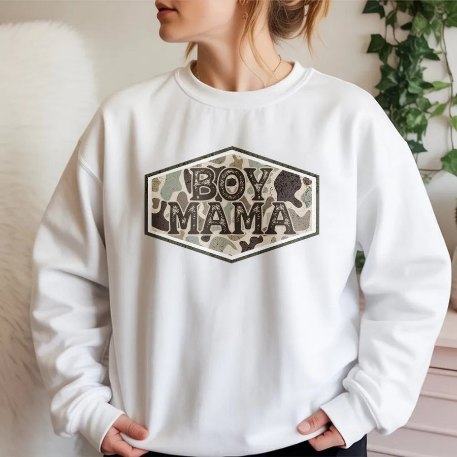 Boy Mama Camo Sweatshirt | Vintage Hunting Graphic Sweatshirt | Cozy Cotton Blend | Gift for Outdoorsy Mom