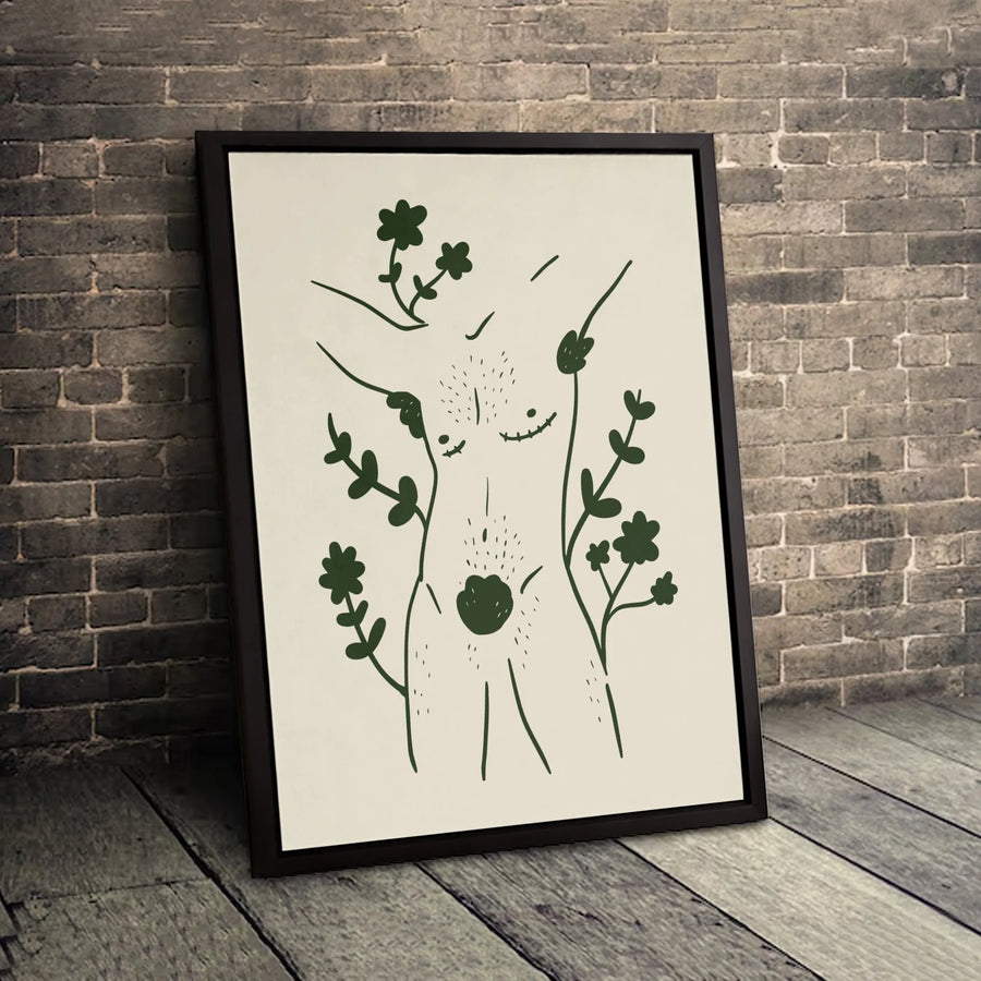 Boho Female Body Canvas Art | Minimalist Line Drawing with Botanical Elements | Premium Gallery Wrap Wall Decor | Feminine Aesthetic Home Gift