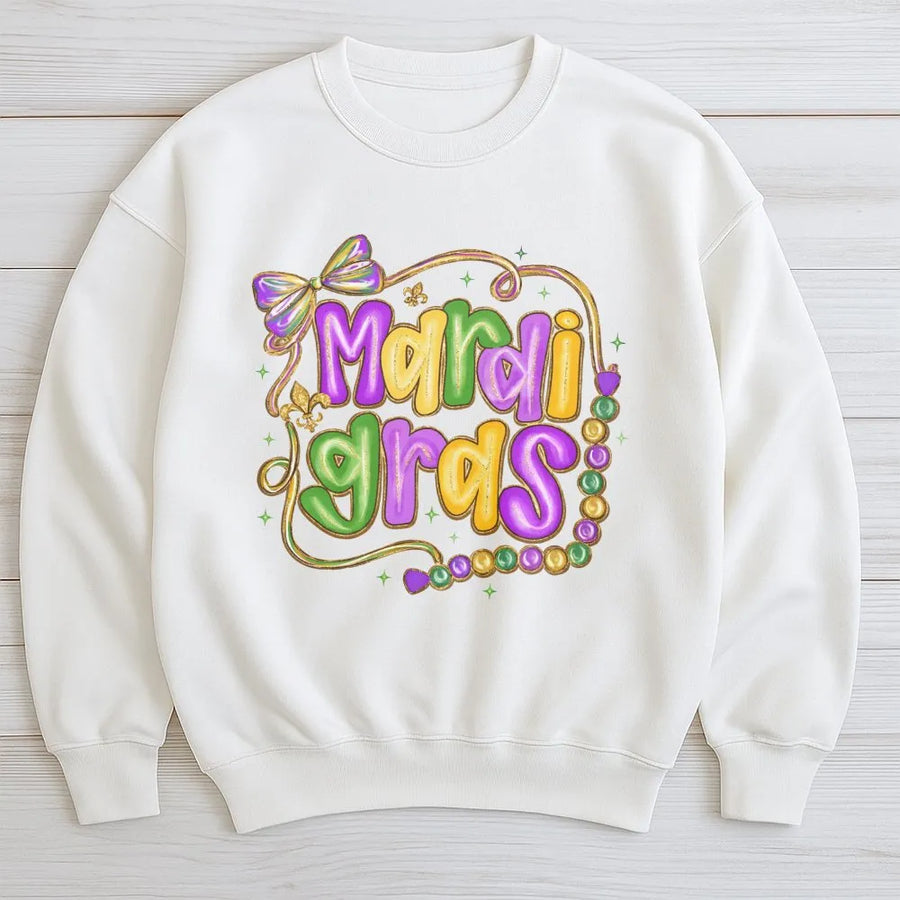 Mardi Gras Sweatshirt | Colorful Beads And Bow Graphic | Premium Cotton Blend | New Orleans Parade Party Gift For Women And Men