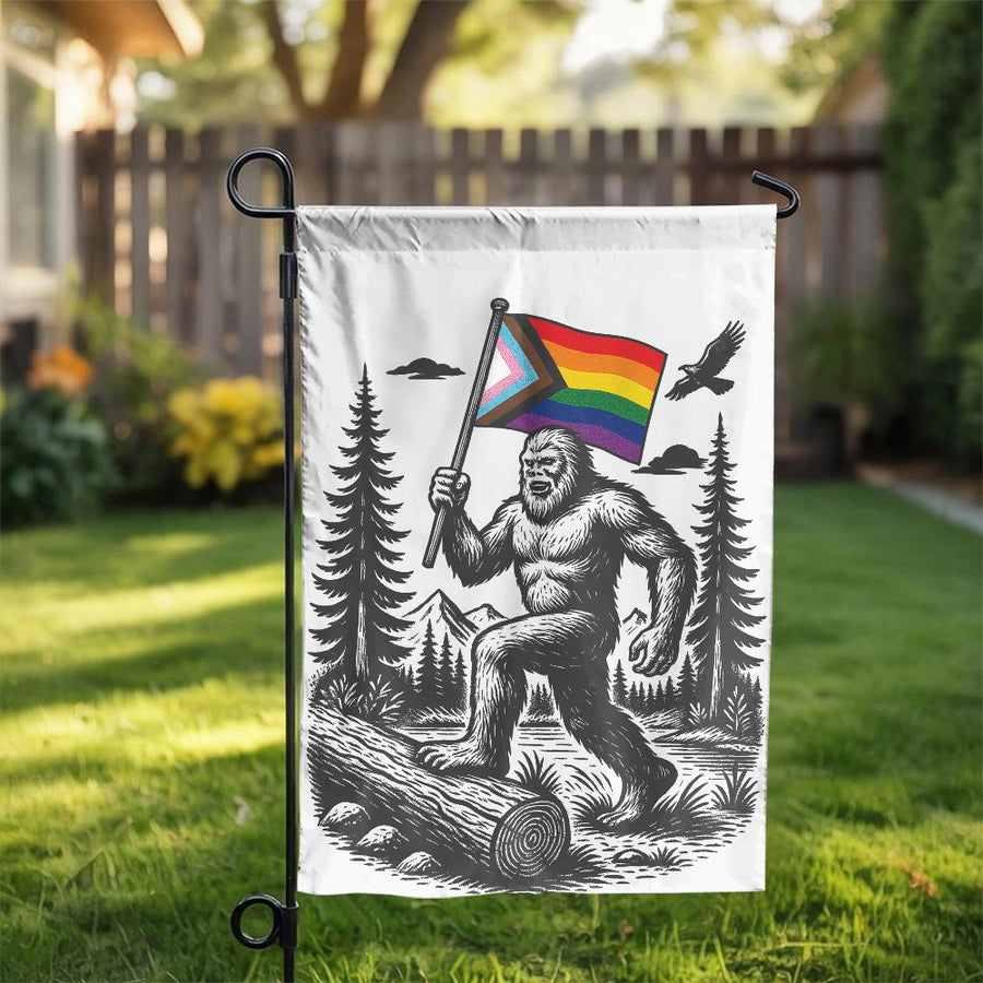 Bigfoot Pride Garden Flag | Progress Rainbow Sasquatch Design | Premium Weather-Resistant Polyester | LGBTQ Outdoor Yard Decor Gift