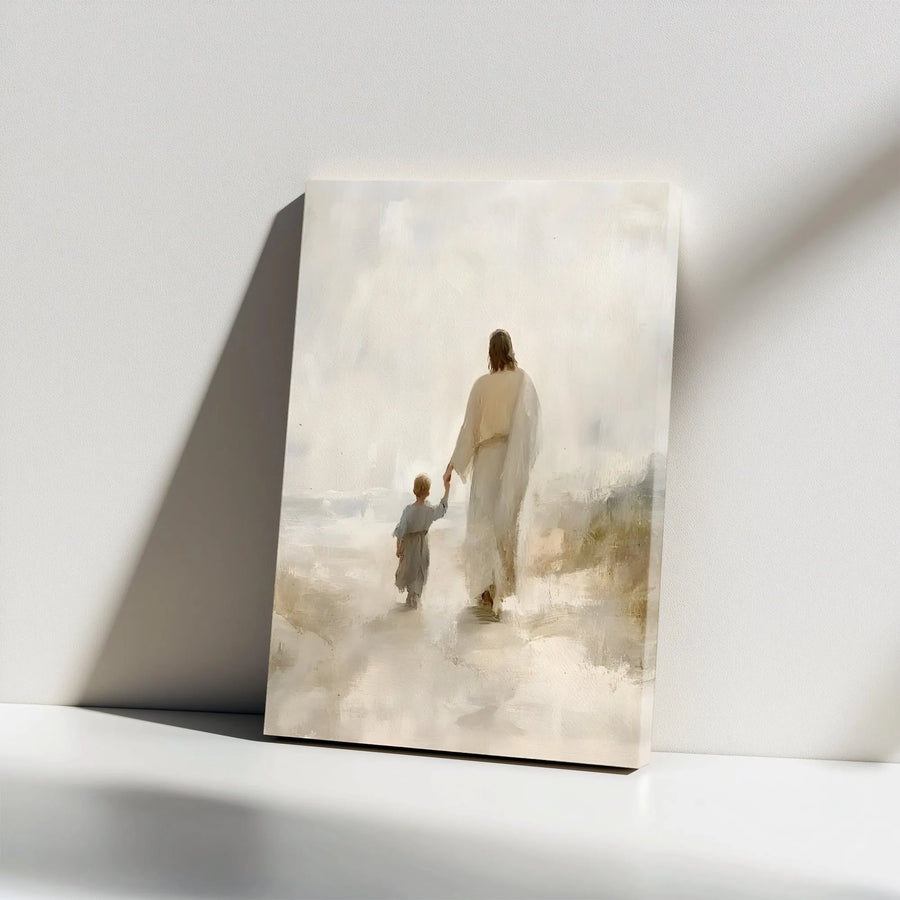 Jesus Walking with Child Canvas Wall Art | He Walks With Me Impressionist Painting | Premium Gallery Wrapped Canvas | Christian Home Decor Gift