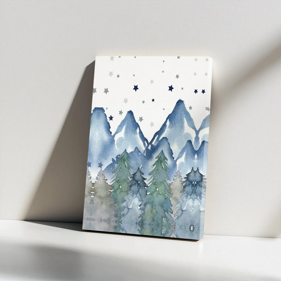 Watercolor Mountain Forest Wall Art | Blue Pine Tree Landscape with Stars | Premium Gallery Wrapped Canvas | Nursery & Modern Home Decor Gift