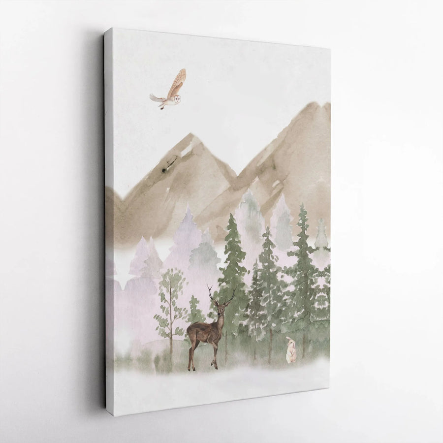 Watercolor Woodland Animal Canvas Wall Art | Deer Owl Rabbit Forest Scene | Premium Gallery Wrap Print | Nursery Decor & Nature Lover Gift