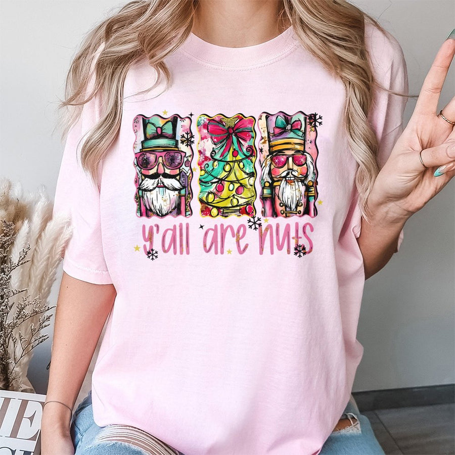 Y'all Are Nuts Nutcracker T-Shirt | Funny Preppy Christmas Graphic Tee | 100% Cotton Premium Comfort | Festive Holiday Gift for Women and Men