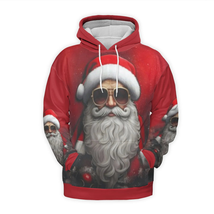 Cool Santa Hoodie | 3D Sunglasses Christmas Graphic | Brushed Fleece Polyester Knit | Unisex Holiday Gift Pullover
